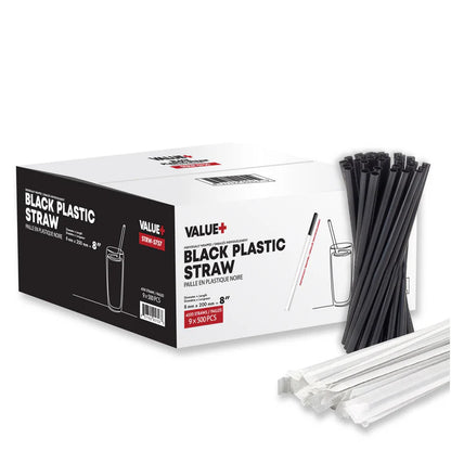Value 8" Individually Wrapped Jumbo Black Plastic Straw 500/box