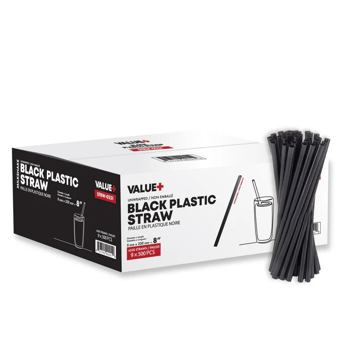Value 8" Bulk Jumbo Black Plastic Straw 500/box