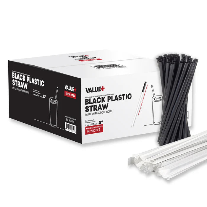 Value 8" Individually Wrapped Black Plastic Straw 500/box